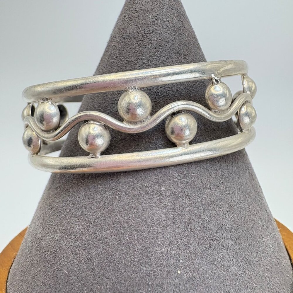 VTG Solid Sterling Silver 925 Cuff Bracelet Wave Circle Dome .75" W OS Adjustabl